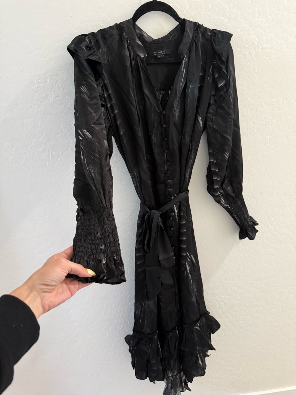 All Saints Lara Silk Viola Ruffle Feathered Print MIDI Dress $398 - Picture 5 of 11
